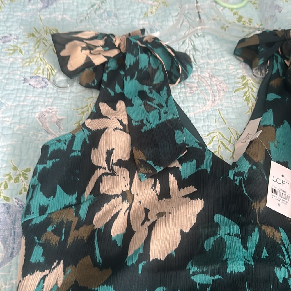 LOFT Teal Green and Beige Floral Dress Size 8 - Picture 4 of 5